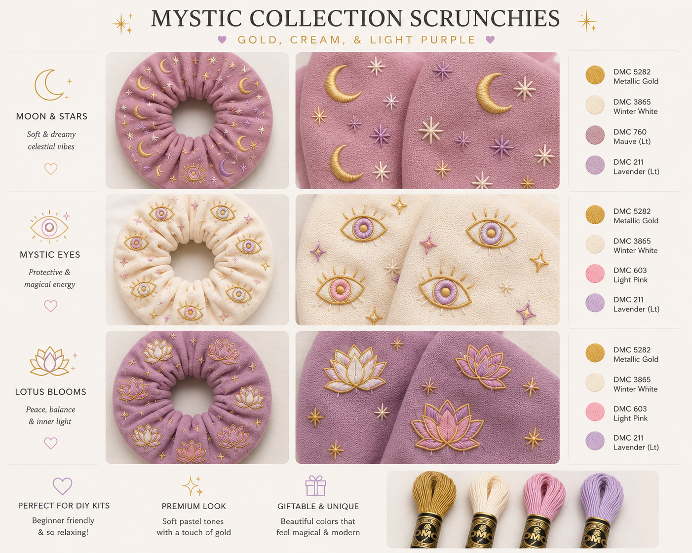 Moon & Bloom Scrunchie Embroidery Kit – Set of 2 DIY Scrunchies